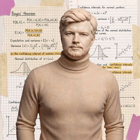 Fabian Rang als helle Steinskulptur im Rollkragenpullover vor einer Collage aus handgeschriebenen Statistik-Formeln