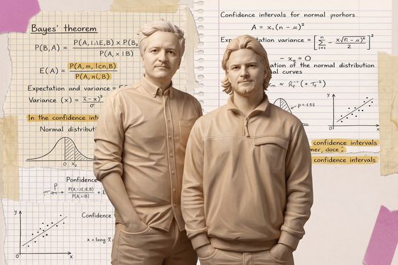 Die beiden paretos-Gründer als helle Steinskulpturen nebeneinander vor einer Collage aus handgeschriebenen Statistik-Formeln