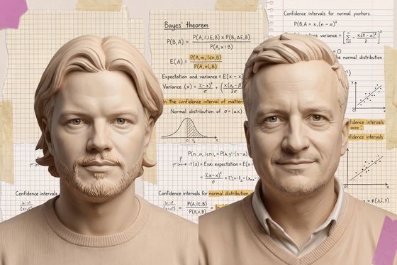 Zwei Porträtköpfe der paretos-Gründer als helle Steinskulpturen nebeneinander vor einer Formel-Collage