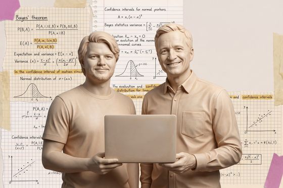 Die beiden paretos-Gründer als Steinskulpturen halten gemeinsam einen aufgeklappten Laptop, dahinter eine Formel-Collage