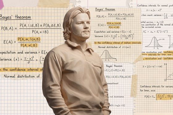 Fabian Rang als helle Steinskulptur im Halbprofil vor einer Collage aus handgeschriebenen Statistik-Formeln