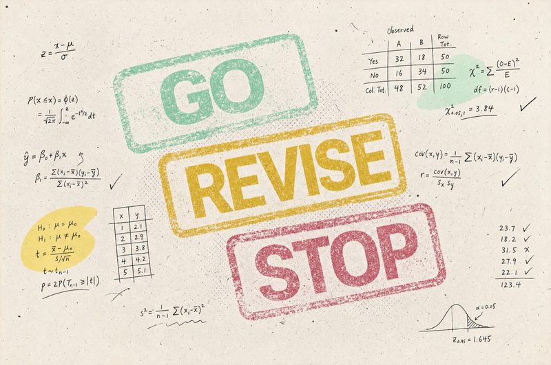Collage: Drei Stempelabdrücke GO in Mint, REVISE in Gelb und STOP in Rot auf Papier voller handschriftlicher Arbeitsnotizen